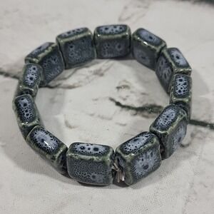 Stone Tile Slip-On Bracelet Glossy Rock Chunky Block Beads Nature Boho